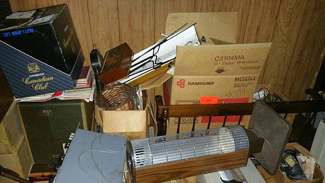 Bedroom 2, Upstairs, Contents: Bedroom 2, Upstairs, Contents includes vintage toy rocking horses, furniture, fishing poles, antique beds, trunk, unopened boxes, furniture, electronic equipment, vintage clocks, a time capsule of est