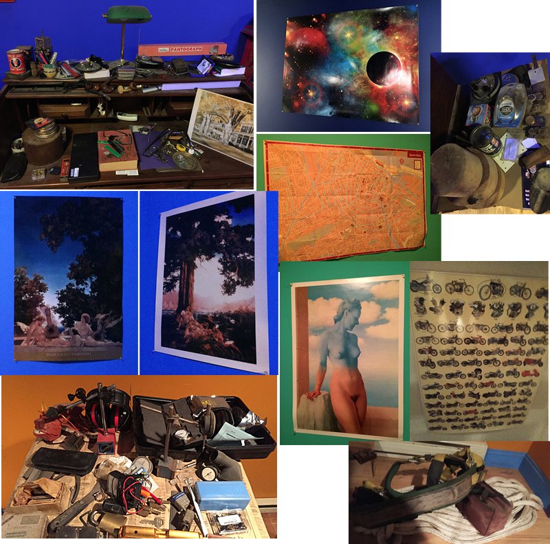 Estate Desk Contents, Artwork, Tools: Desk contents include all items on desk, desk lamp, pipes, etc. locksmith tools, rope, and misc. items. Posters include Maxfield Parrish, motorcycle, nude, landscape, planetary, and map of Amsterdam.