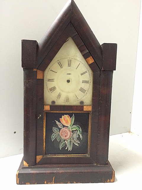 Ansonia Clock Co., 8 Day Gothic Clock Case: Ansonia Clock Co., 8 Day Gothic Clock Case. Case only with nice label and flowers on bottom on glass.