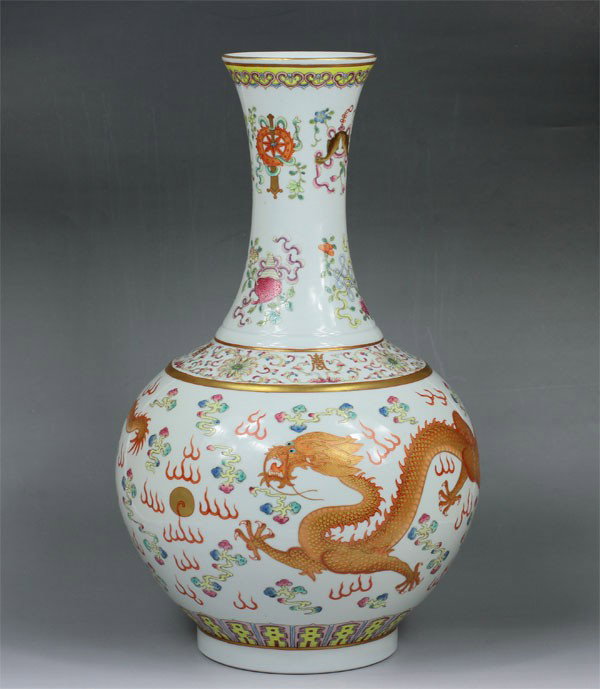Chinese Famille Rose Flask Vase: Chinese Famille rose "Tian Qiu" vase,iron-red dragon with gilt Design.Six character mark on base "Da Qing Guang Xu Nian Zhi"H 15.35".