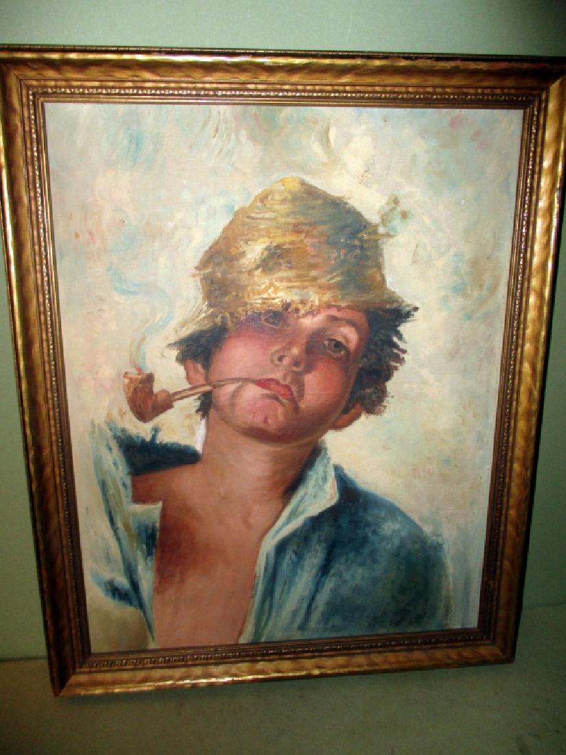 Unsigned Oil Painting of Boy Smoking (1 of 1)
