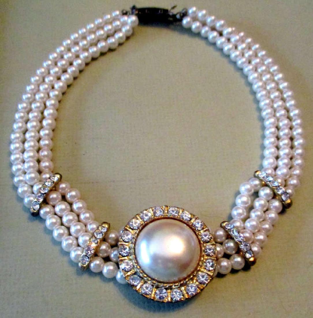 One Vintage Faux Pearl and Rhinestone Choker: Lot consisting of one vintage faux pearl and rhinestone choker in original presentation box in very good condition.