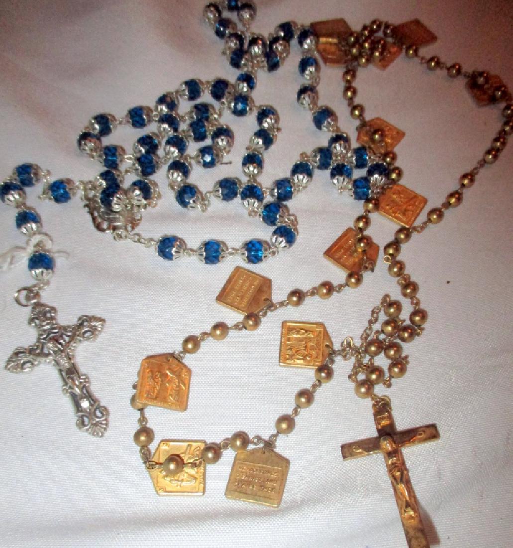 Two Sets of Rosary Beads: Two Sets of Rosary Beads, one is green glass beads and silver plate stamped Italy. The other is gold tone and displays the13 Stations of the Cross. Both in good condition.