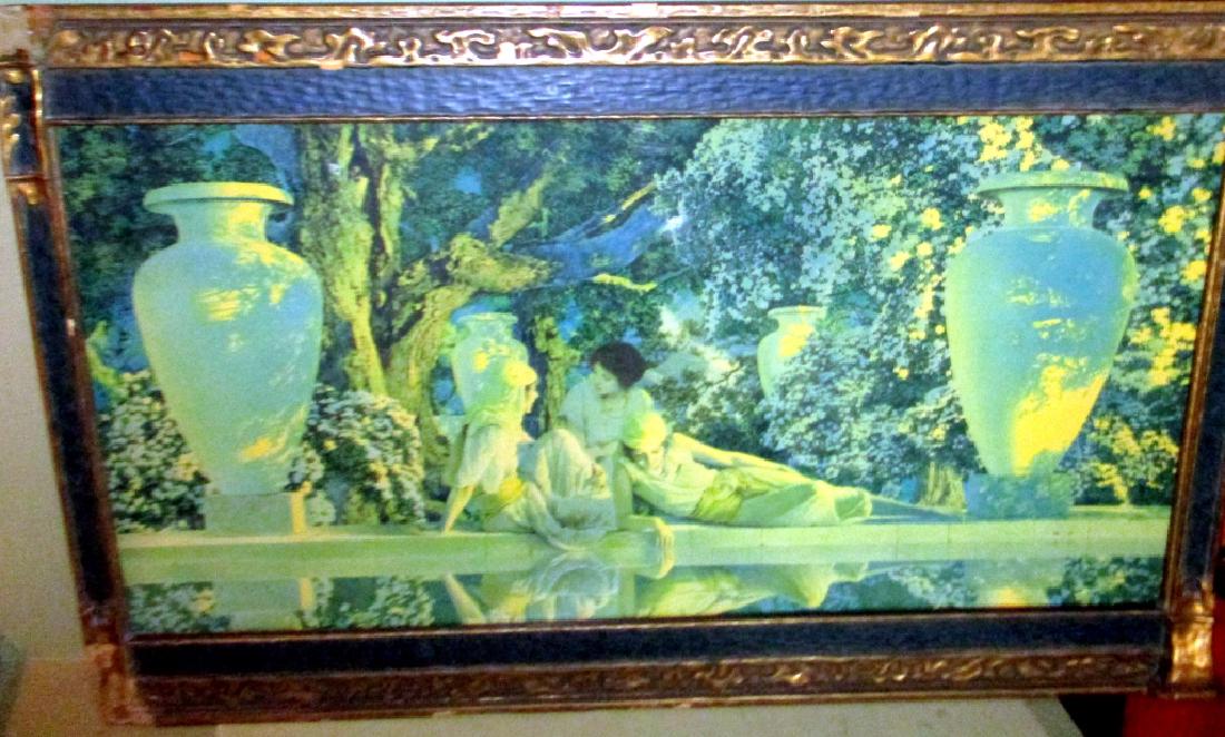 Maxfield Parrish Print: Maxfield Parrish print in its original frame. Print is in fair condition. Frame needs some repair. measures approx. 20" x 23" end to end of frame.