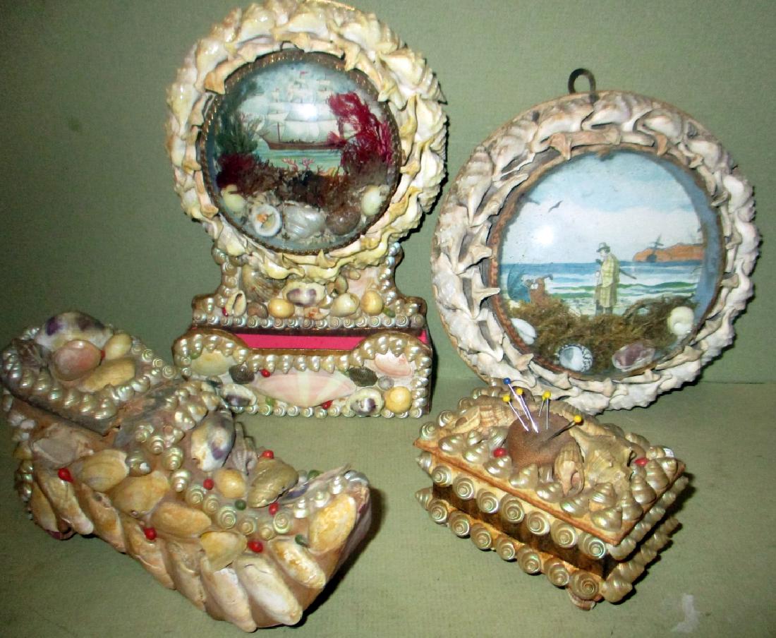 Lot of 4 Antique Shell Creations: Lot of 4 antique shell creations including 2 dioramas, a shoe and a pin cushion. All in good condition. Circa 1890.