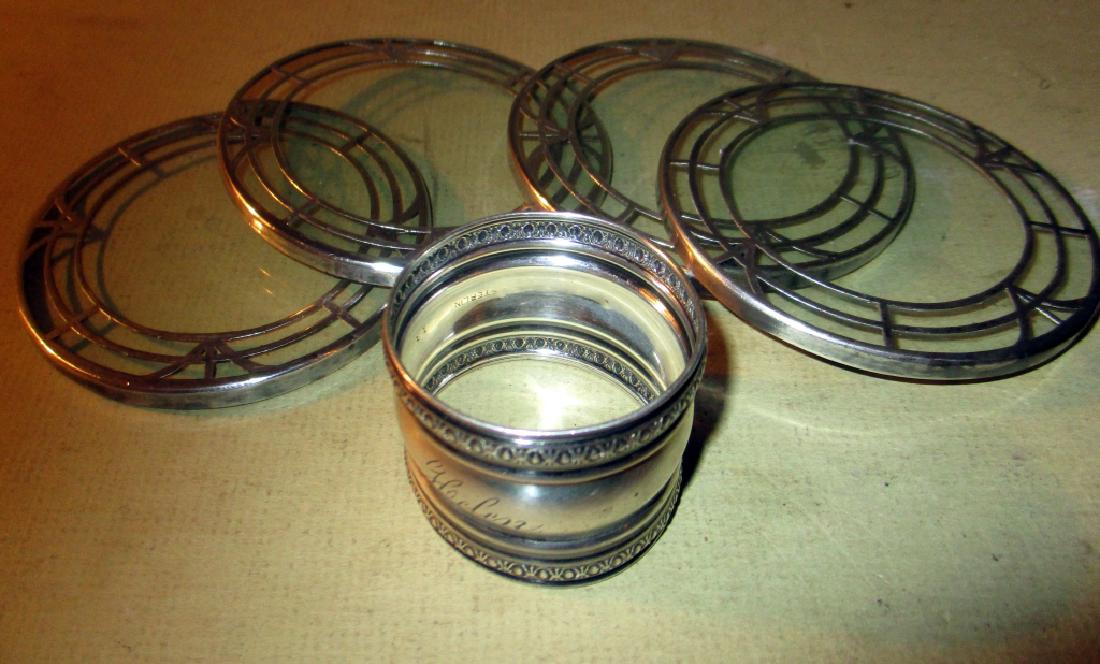 lLot of 4 Sterllng Overlay Coasters & Napkin RIng: Lot of 4 Sterllng Overlay Coasters & Napkin RIng engraved with the name Helen. All in good condition.