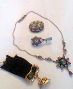 Lot of Vintage Costume Jewelry: Lot of vintage costume jewelry. Lot of 4 pieces of costume jewelry: 2 micro-mosiac pins, a turquoise necklace and a Victorian watch fob. Good condition.