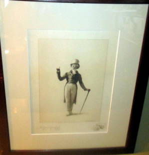 Etching of Man by I M Gaugingigl: Etching of a dandy gentleman in 19th C. attire. Measures 18 1/4" in tall by 14 3/4" in wide end to end of frame. Good condition. Pencil signed & dated 1894.