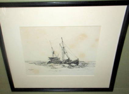 Pen & Ink Drawing of Sinking Fishing Boat: Pen & ink drawing of sinking fishing boat, signed Rod MacDonald, 1957. Size is 14" in. by 12" in. end to end of frame approximately.