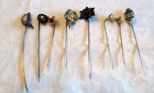 Lot of Vintage Tie Pins Set With Stones: Lot of vintage tie pins set with stones. Some are Victorian, all in fair to good condtion, nine pieces in total.