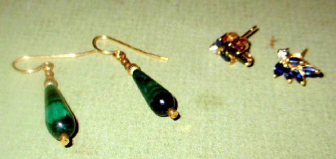 Two Pair of 14K Gold Earrings Set With Stone: One pair is malachite drop style on gold wires and the other is a pair of 14K gold set with sapphire and a small diamond each. Good condition.