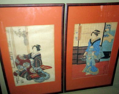 Pair of Japanese Block Prints Possibly Kunisada: Pair of Japanese block prints look like the work of Kunisada but we are unsure. In good condition. Both measure approximately 13 1/2" in. by 22" in. end to end of frame.