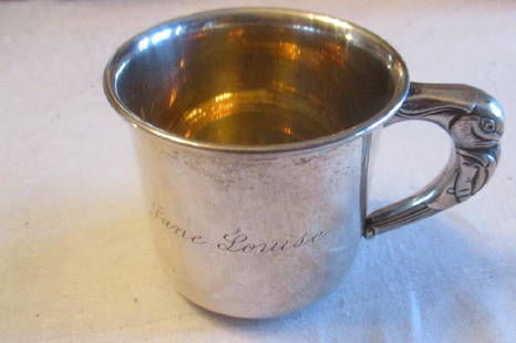 Sterling Baby Cup: Sterling baby cup with rabbit form handles. Measures 2 1/2" in. tall. Engraved name "Jane Louise". Weight is 3.23 OZT. Good condition.