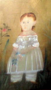 Primitive Style Painting of Small Girl: Primitive style painting of small girl framed under glass. Measures 24 1/2" in by27 1/2" in end to end of frame approximately. In good condition. May be 40 to 50 years old.