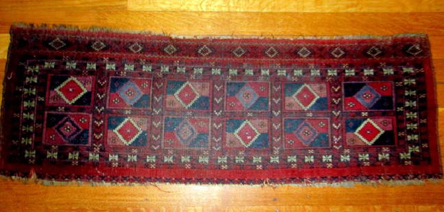 Antique Tekke Bag Face Oriental Mat? / Salor Trapping?: Antique Tekke Bag Face Oriental Mat / Salor Trapping? Evenly worn. It measures 44" inches by 16" inches. Nice color very clear color and design, Has a couple of minor minor tears on edge that