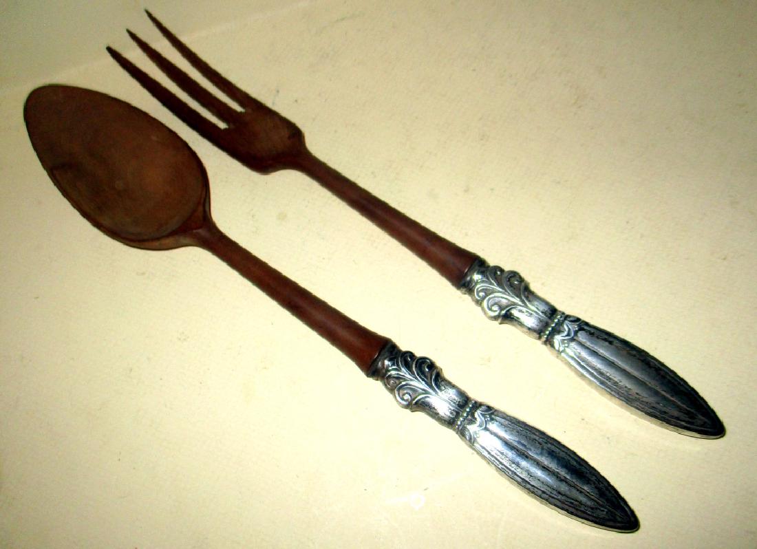 Large Salad Mixing Wood Spoon & Fork w/ Sterling (1 of 2)