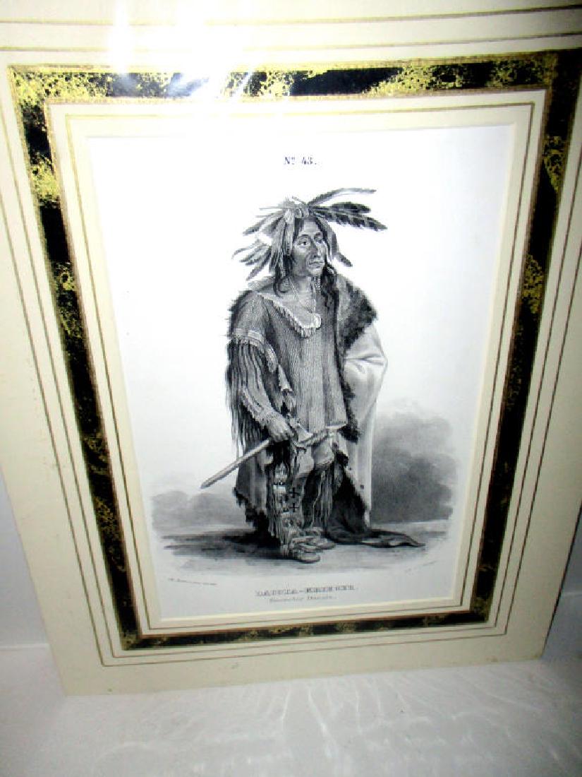 19th Century American Indian Engraving: 19th Century engraving of Dakota Indian Chief by Charles Bodmer and Honegger. Sight size is 12 1/2" x 8 1/2". Matted with French mat. Very good condition.