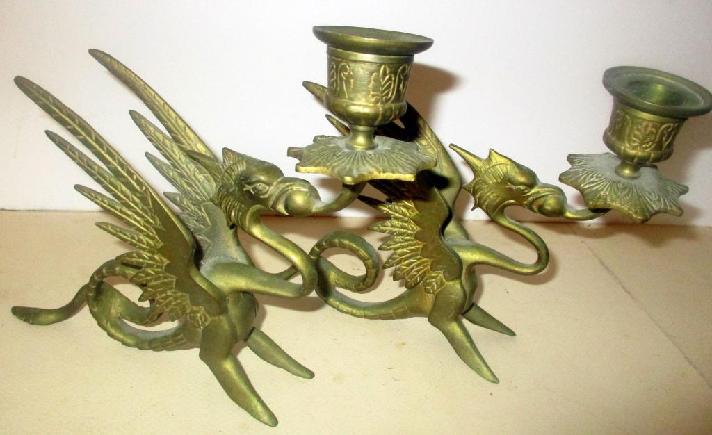 Pair of Brass Winged Griffin Candle Holders (1 of 1)