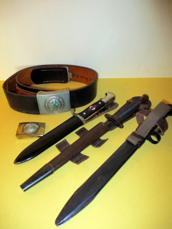 Lot of Nazi WW ll Items etc.: Lot consists of a Hitler Youth dagger, a Nazi vintage buckle, a vintage German war belt & buckle an English dagger, two Nazi pins and a bayonet. All in good condition. Length of Hitler Youth dagger is