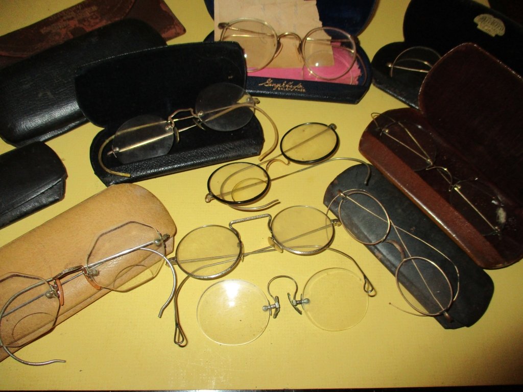 Nine Pair of 19th C. Spectacles: Lot consists of 9 pairs of spectacles, all in fair to good condition. Most have the original cases and have gold filled rims.