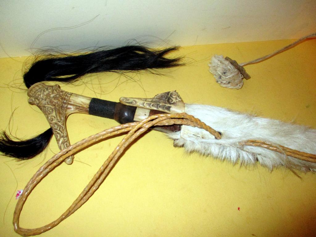 Sword and Dagger, Arabian?: Lot consisting of a large sword with bone handle and carved wood scabbard. Unsure of the sword's origin. Appears to be a goat skin scabbard and has a smaller dagger with it.