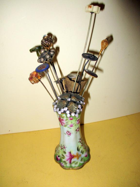 Porcelain Hatpin Holder with Vintage Hatpins (1 of 2)