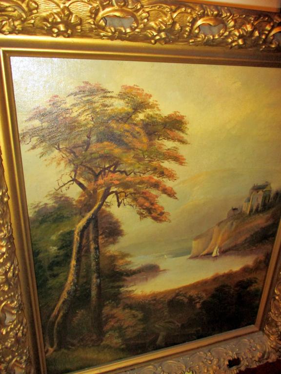 19th C. Oil Painting on Board: Lot consists of a 19th C. oil painting of a scenic landscape with a river, castle and a small boat, looks like Hudson River School. In good condition, not signed, approx. 28" inches tall by 24" inches