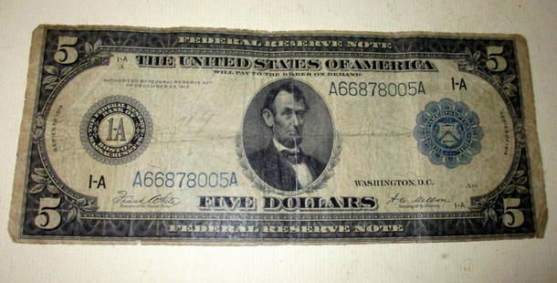 Large 5 Dollar Bill: Consists of a 1914 Series Large 5 Dollar Bill, in Fair Condition