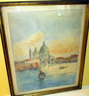 Watercolor Painting of Venice: Watercolor of "Chiesa Della Salute" by E.M. Miller; Approximately 12" inches by 10" inches, End to End of Frame, in Good Condition