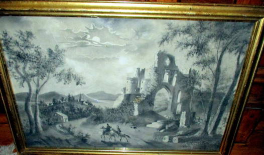 18th/19th Century Charcoal Drawing: Consists of Charcoal Drawing Approximately 16" inches by 23" inches. Circa Late 18th Century or Early 19th Century. View is a Passage Scene with Trees, Ruins and People. In Good Condition. Size 