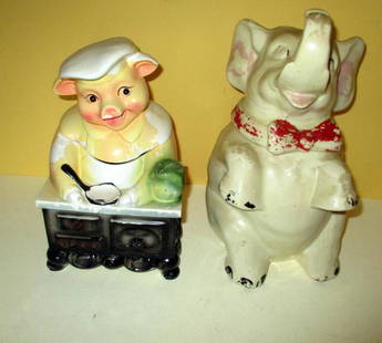 Lot of 2 Vintage Cookie Jars: Lot Consists of One Elephant Motif Cookie Jar and Another of a Pig Standing at Stove; Approximately 10" inches Tall. The Approximate Size of Elephant Cookie Jar is 11 1/2 inches Tall; Elephant