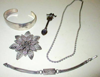 Five Pieces Sterling Vintage jewelry: Lot Consists of 5 Pieces of Sterling Vintage Jewelry. A Sterling Rope Neck Chain, Approximately 16" inches Long, a Sterling Bangle Bracelet, a Sterling ID Bracelet, a Sterling Spoon Brooch and a