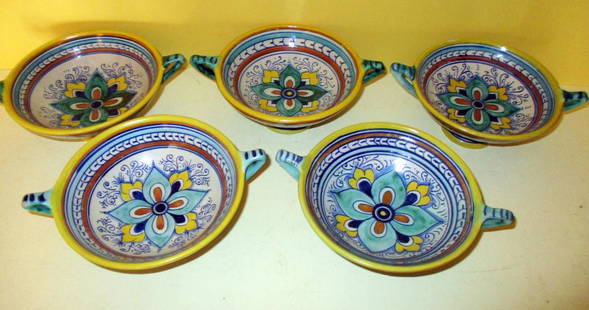 Lot of 5 Deruta Boullion of Soup Bowls: Lot Consists of 5 Signed Deruta Boullion or Soup Bowls with Handles. Approximate Size of Each is 3" inches Tall with Approximately 5 1/2" inch Diameter. All in Good Condition. Unusual Form.