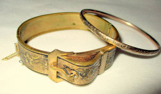 Two Gold Filled Bangle Bracelets: Lot Consists of a Victorian Bangle Bracelet is the Form of a Belt Buckle. The Other is a Thin Gold Filled Bangle Bracelet. Both in Good Condition.