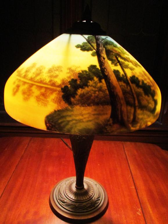 Vintage Lamp With A Reverse Painted Glass Shade
