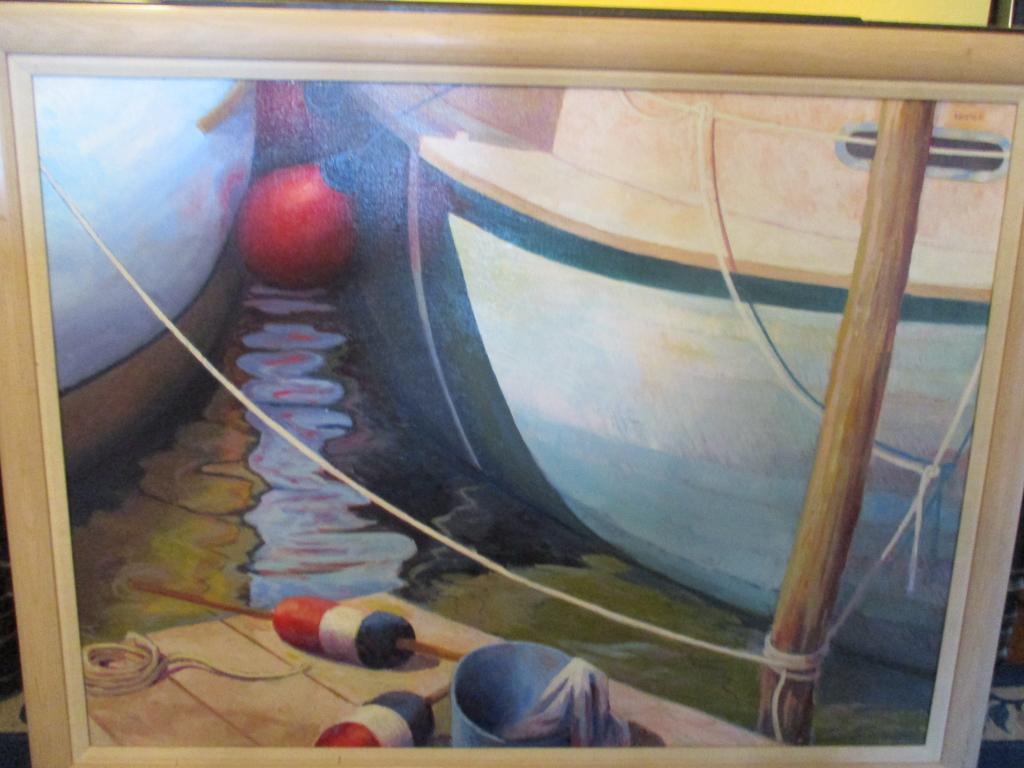 Large Oil Painting of Boats & Dock by Remo Gaetto (1 of 3)