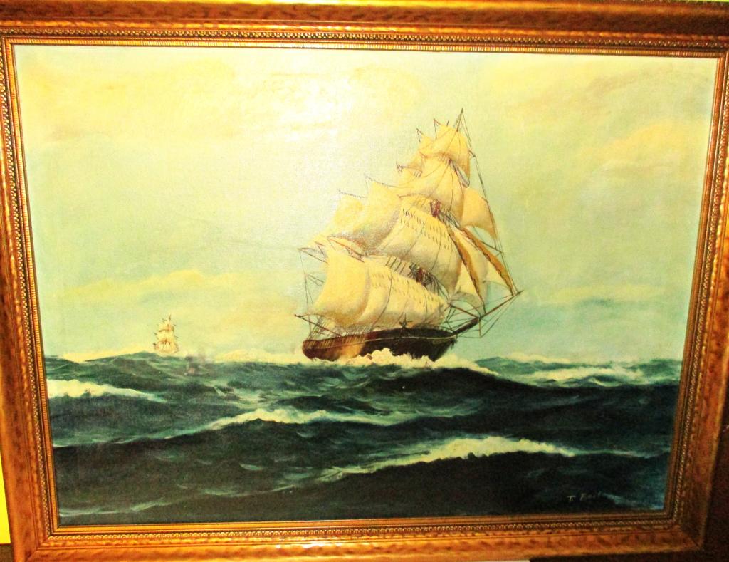 T. Bailey Large Painting of Full Masted Ship (1 of 3)