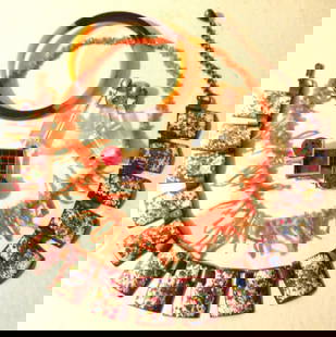 Lot of Vintage Costume Jewelry with Bakelite: Lot Consists of an Enamel & Copper Necklace, a Bakelite Bangle Bracelet, a Pair of Lucite Earrings, a Coral Necklace and a Costume Modernist Pin. All in Good Condition. Approximate Length of Necklace