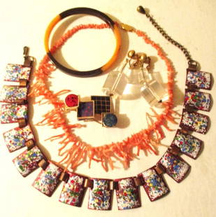 Lot of Vintage Costume Jewelry with Bakelite: Lot Consists of an Enamel & Copper Necklace, a Bakelite Bangle Bracelet, a Pair of Lucite Earrings, a Coral Necklace and a Costume Modernist Pin. All in Good Condition. Approximate Length of 