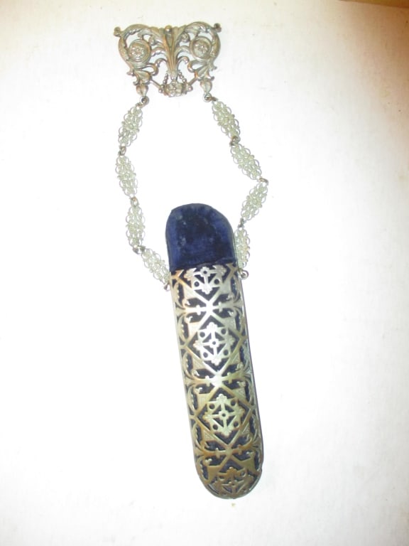 Victorian Chatterlane: Lot Consists of a Victorian Chatterlane, Most Likely Held a Victorian Lady's Eye Glasses. Interior is Lined with Purple Velvet. In Good Condition. It is Silver Plated. The Charterlane is Approximately