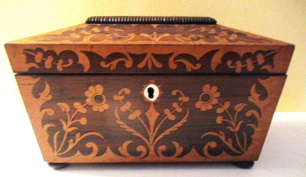 Antique Wooden Inlaid Tea Caddy (1 of 3)