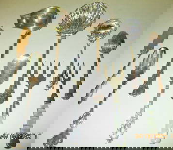 Miscellaneous Silver Serving Items: Lot Consists of Sterling, Nickel Silver and Silver Plate With Sterling Melon & Sugar Spoons; Approximate Weight 2 ozt, a Large NickelSilver Berry Spoon and a Gravy Ladle, Silver Plate Tea Spoon