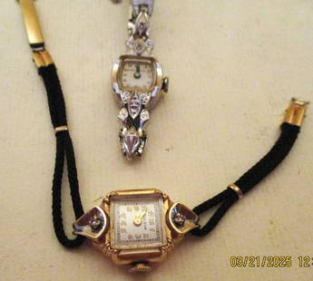 Two Lady's 14K Gold Cocktail Wrist Watches: Lot Consists of Two 14K Gold Lady's Cocktail Watches. The Wrist Bands are not Gold & One is Broken. Both not Working. Condition is Poor to Fair..I believe they are set with small diamonds?