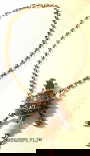 Chinese Silver, Enamel and Jade Sensor Necklace: Lot Consists of a Silver & Enamel Decorated Perfume Bottle Hanging From a Neck Chain. At the Bottom There are 3 Tassels Hanging and the Center one has a Jade Bead on it. There is a Foo Lion Which