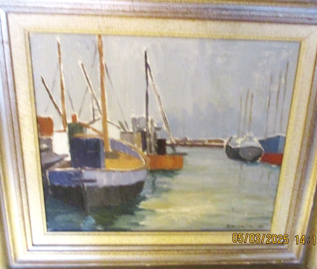 Painting of Boats By R Wallentine, 1945: Lot Consists of a Painting With Boats in a Harbor. It is Signed R. Wallentine, 1945. This is a Listed Artist. The Painting is Approximately 21" Inches Tall and 23" Inches Wide From End to End of the F
