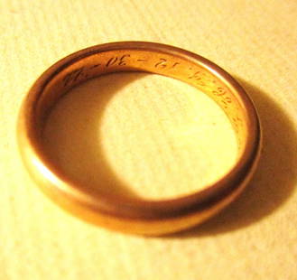 14K Gold Wedding Band Ring: Lot Consists of a 14K Gold Wedding Band Ring. The Size of the Ring is 9. The Approximate Weight is 3 dwt. In Good Condition. Has 1930 and Initials on Inside.
