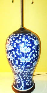 Chinese Porcelain Lamp: Lot Consists of a Blue and White Chinese Vase in an Apple Blossom Motif. Approximate Size of Base is 17" Inches Tall. The Chinese Vase is Circa 19th Century. It has Been Drilled on the Bottom for 
