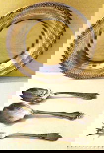 Miscellaneous Lot of Sterling Items: Lot Consists of 4 Pieces of Sterling. There are 2 Sugar Spoons, a Pickle Fork and a Lemon Dish With a Cut Glass Base. Approximate Weight is 3.0 ozt. In Good Condition.