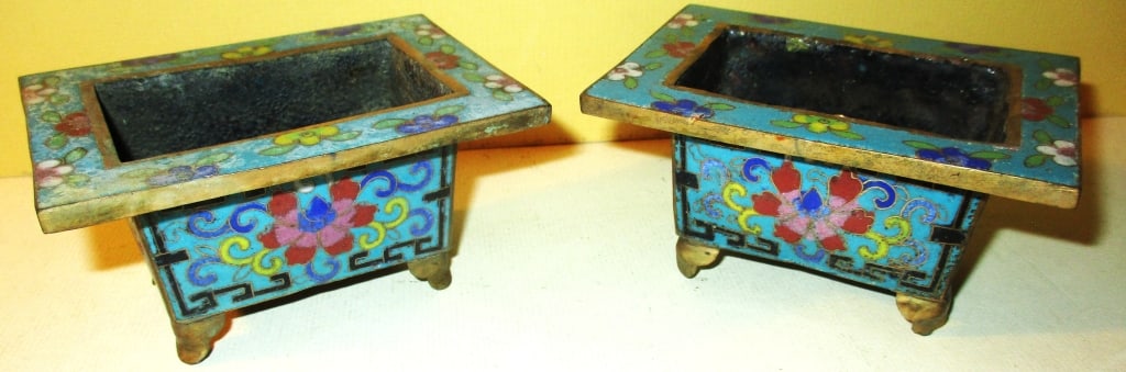 Pair of Cloisonne Bonsai Planters: Lot Consists of a Pair of Japanese Cloisonne Bonsai Planters. The Approximate Size is 2" Inches Tall and 4" Inches Long and 3" Inches Deep. They are Both in Fair to Good Condition.