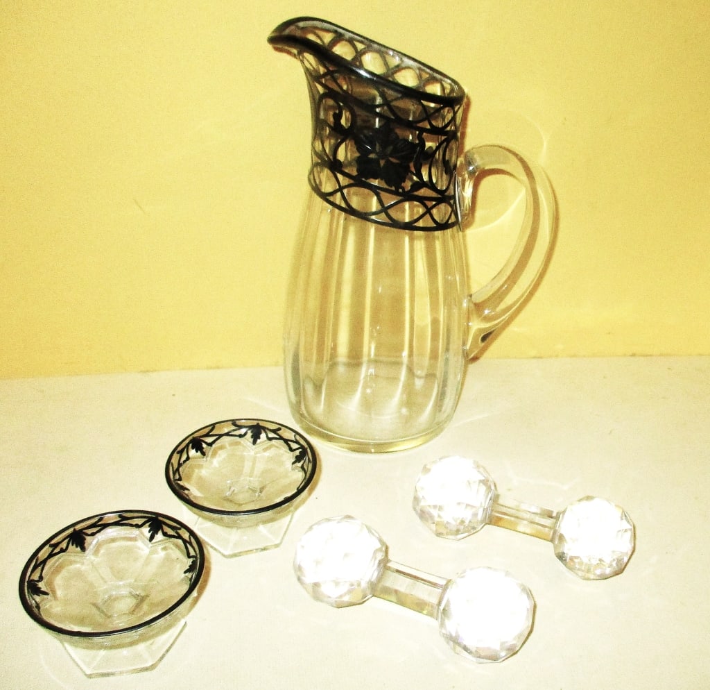Lot of Vintage Glass (Some Silver Overlay): Lot Consists of a Glass Pitcher With Silver Overlay Decoration and 2 Small Cups With Silver Overlay and Two Cut Glass Knife Rests, Circa 1900. All in Good Condition